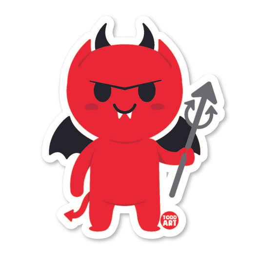 Cute red devil sticker with horns, wings, and a trident