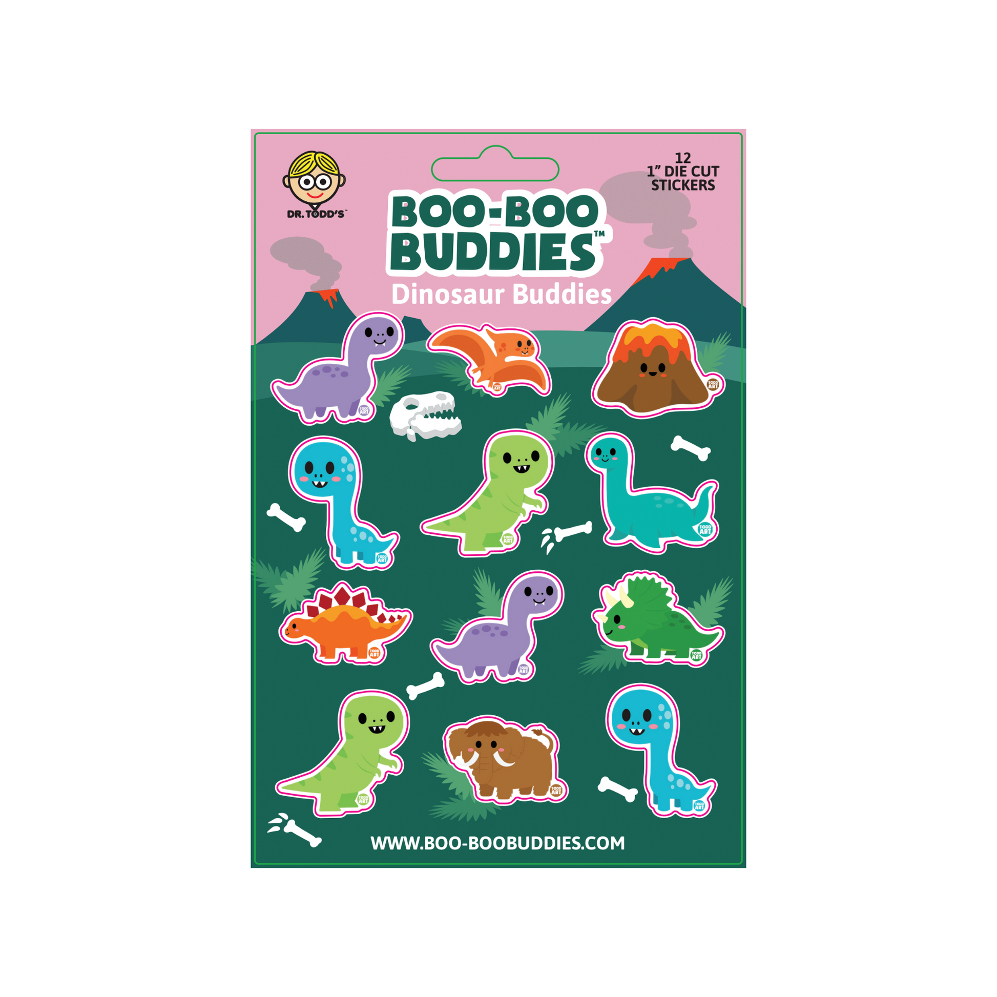 Boo-Boo Buddies® Dinosaur Buddies Sticker Sheet featuring 12 cute 1-inch dino stickers—includes T-Rex, Triceratops, Stegosaurus, volcano, fossils, and more for party favors, learning games, and crafts
