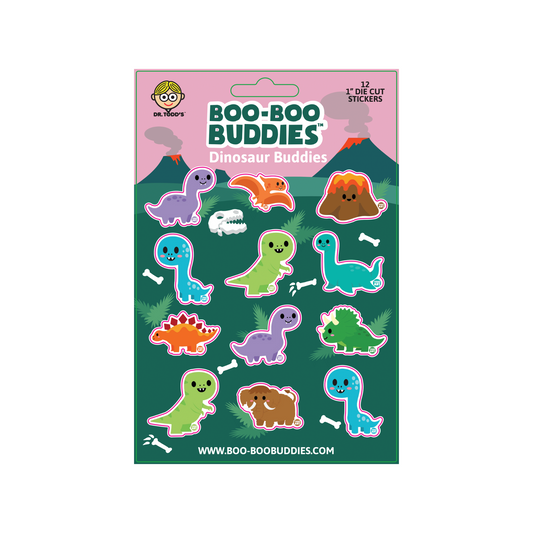 Boo-Boo Buddies® Dinosaur Buddies Sticker Sheet featuring 12 cute 1-inch dino stickers—includes T-Rex, Triceratops, Stegosaurus, volcano, fossils, and more for party favors, learning games, and crafts
