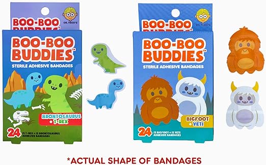 2-Pack Boo Boo Buddie Bigfoot & Yeti + Dinosaur Bandages – 48 Count | Fun Kids Bandages | Latex-Free, Waterproof Adhesive for Sensitive Skin | First Aid