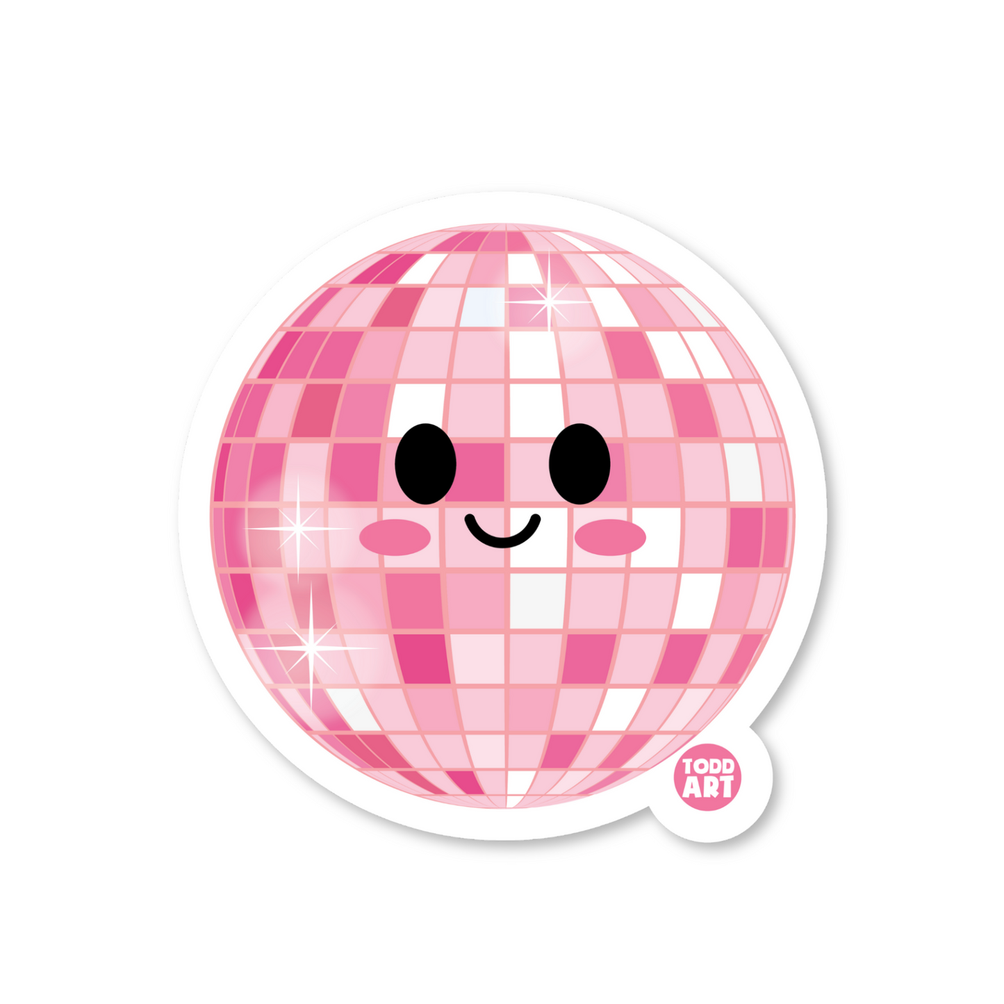 Shiny pink disco ball sticker with smiling kawaii facec