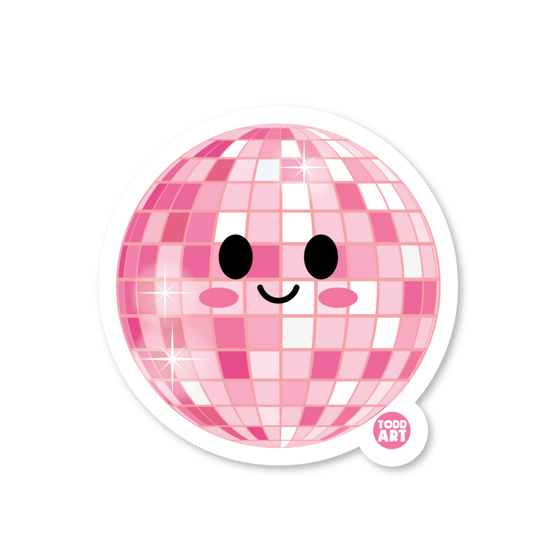 Shiny pink disco ball sticker with smiling kawaii facec