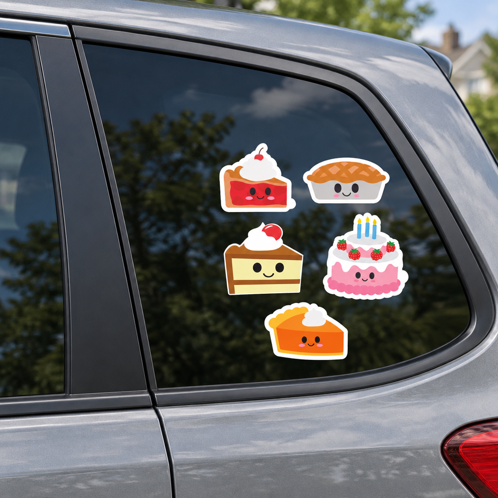 Five sticker designs grouped in a corner of a minivan's side window