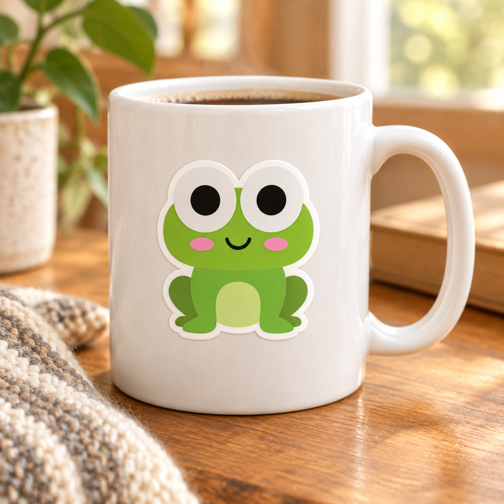 Frog sticker on a coffee mug