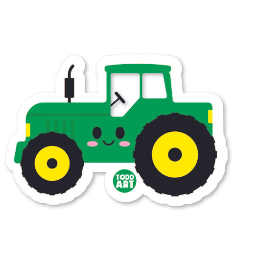 Cute kawaii tractor vinyl sticker by Boo Boo Buddies – 3″ die‑cut, waterproof, glossy finish, durable and easy to peel & stick