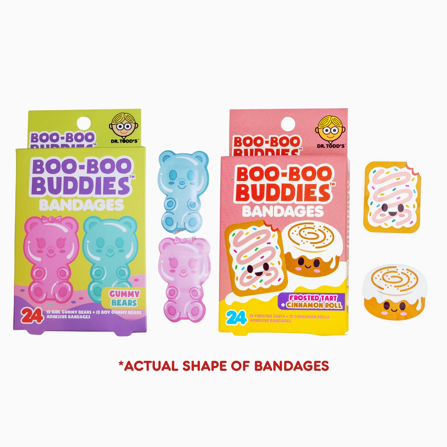 2-Pack Gummy Bears and Frosted Tart + Cinnamon Roll Bandages – 24 Pack each  | Fun Shapes, Waterproof & Latex-Free