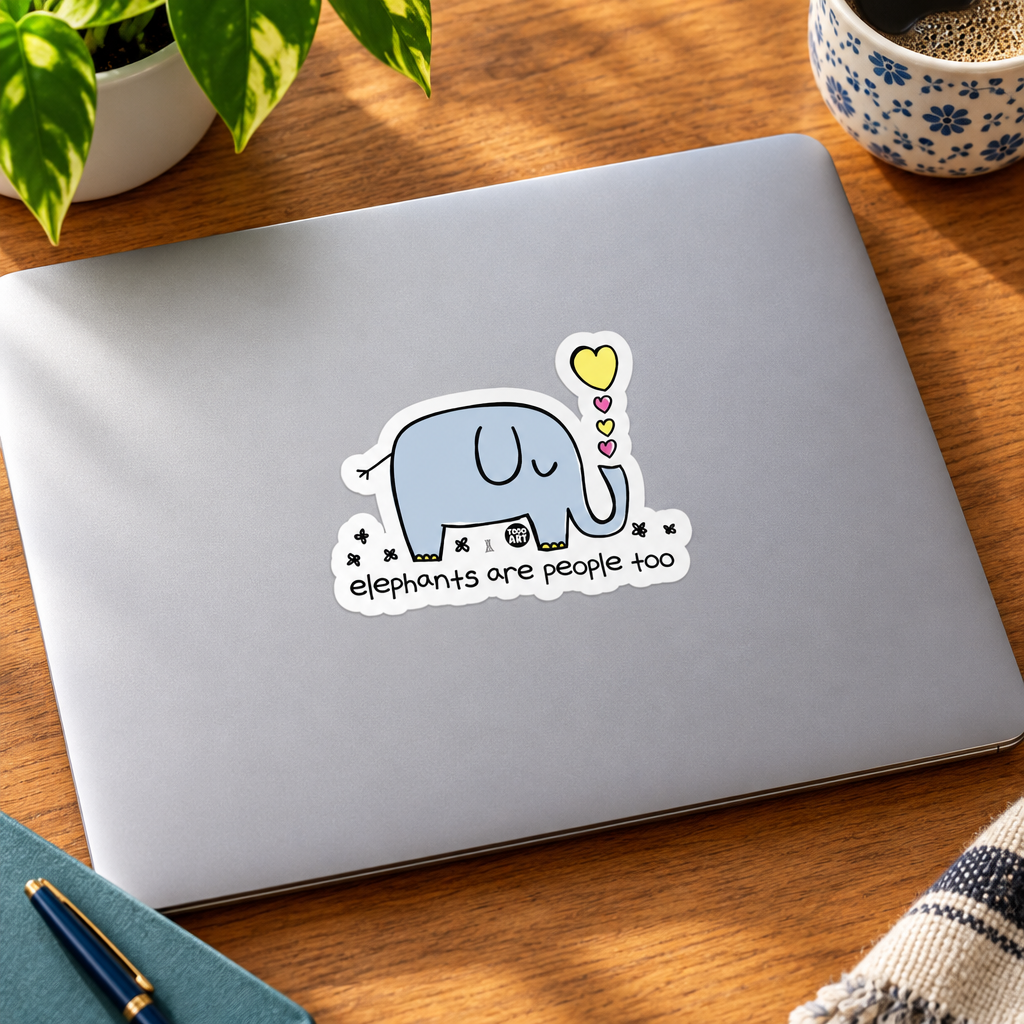 Elephants Are People Too elephant sticker shown at about 3 inches on a silver laptop.