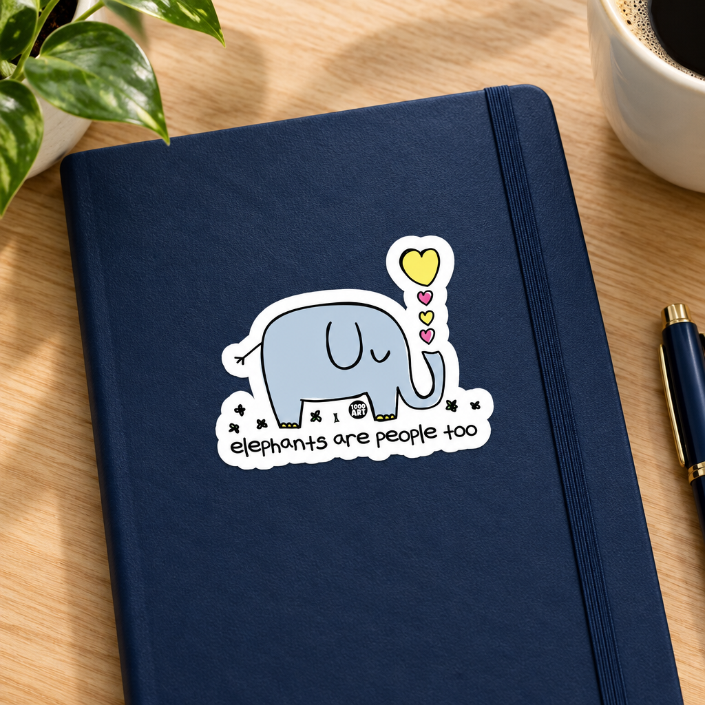 Elephants Are People Too elephant sticker displayed at about 3 inches on a notebook cover.
