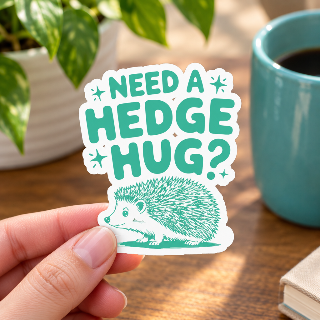 Hand holding a 3-inch Need a Hedge Hug mint-green hedgehog sticker.