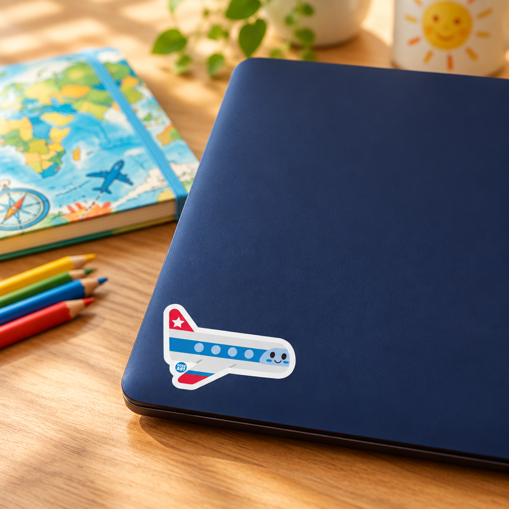 Boo Boo Buddies airplane sticker on a midnight-blue laptop