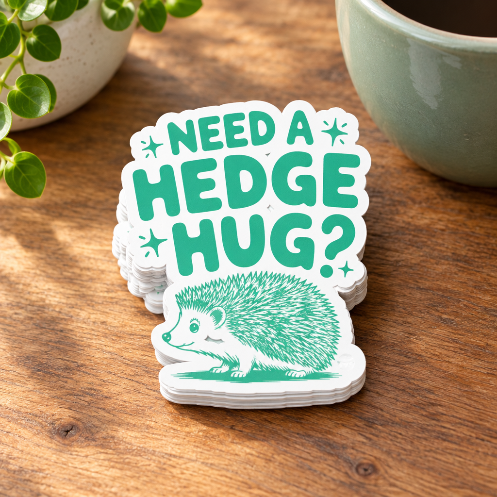 Pile of matching Need a Hedge Hug mint-green hedgehog stickers with the top design visible.