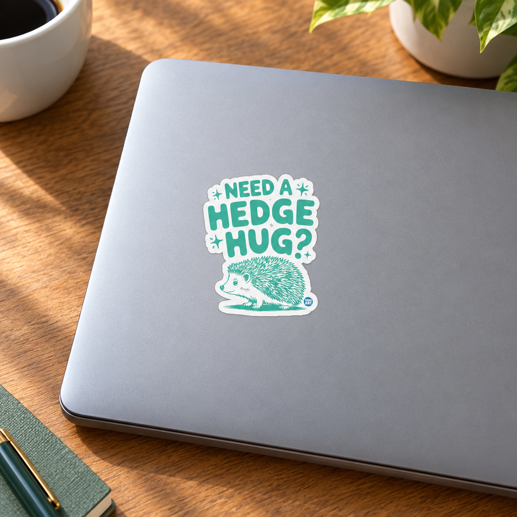 Need a Hedge Hug mint-green hedgehog sticker shown at about 2 inches on a laptop.