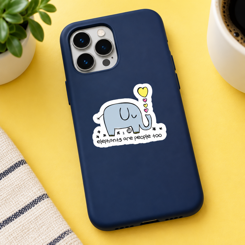 Elephants Are People Too elephant sticker displayed on the back of an iPhone at about 2 inches.