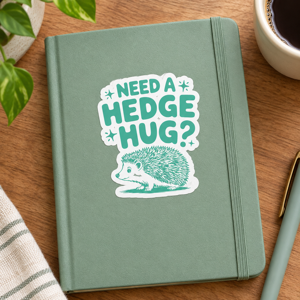 Need a Hedge Hug mint-green hedgehog sticker shown at about 3 inches on a notebook.