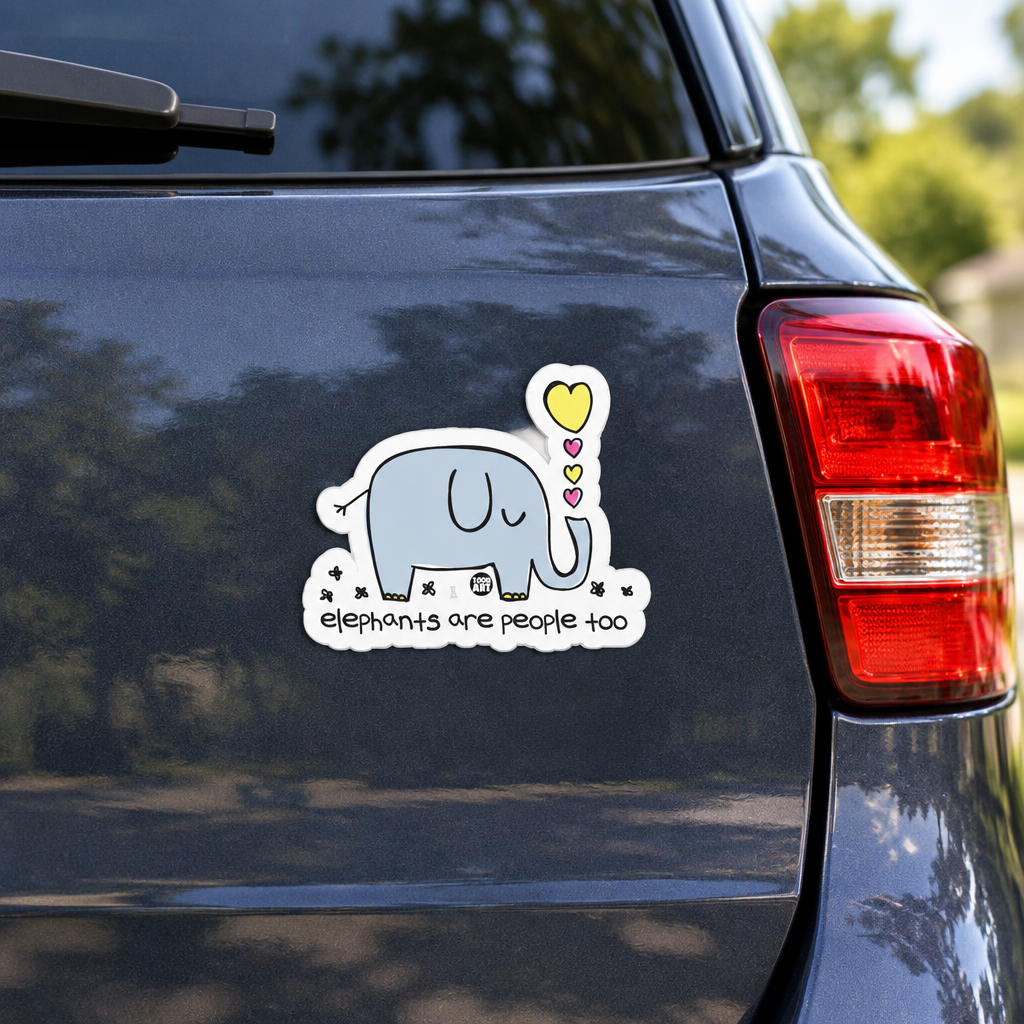 Elephants Are People Too elephant sticker displayed at about 5 inches on the rear of an SUV.