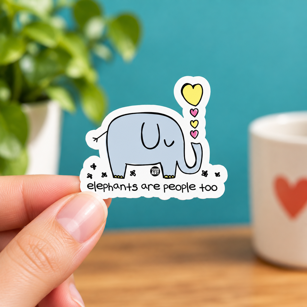 Hand holding a 2-inch Elephants Are People Too elephant sticker.