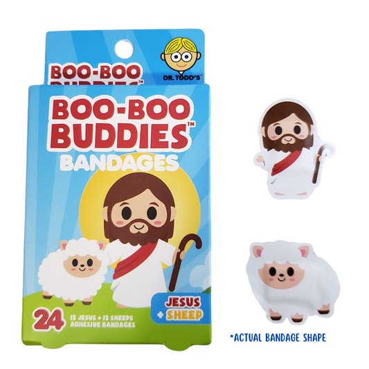 Jesus and sheep character bandages for kids – 24 waterproof, latex-free adhesive bandages from Dr. Todd’s Boo-Boo Buddies

