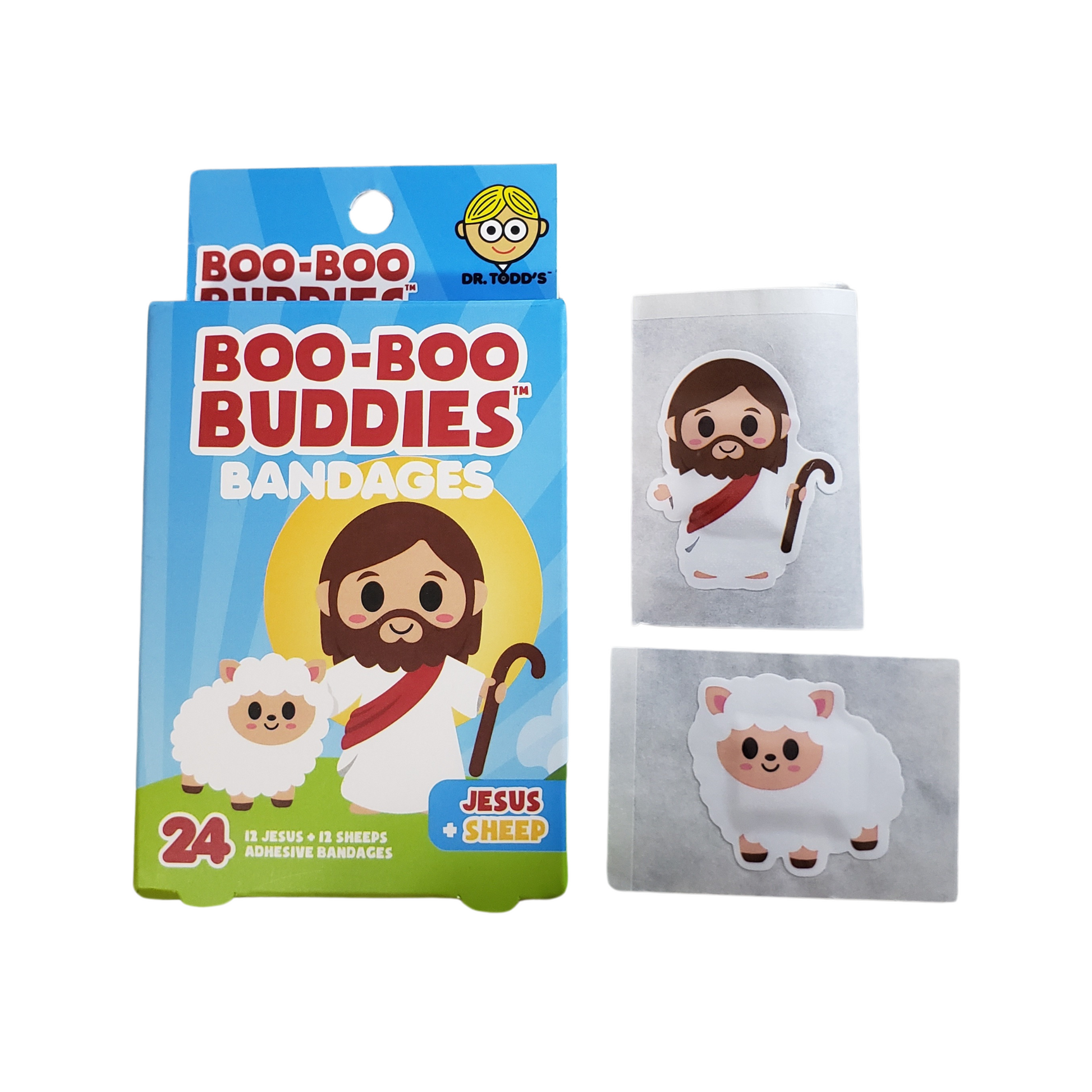Jesus and sheep character bandages for kids – 24 waterproof, latex-free adhesive bandages from Dr. Todd’s Boo-Boo Buddies
