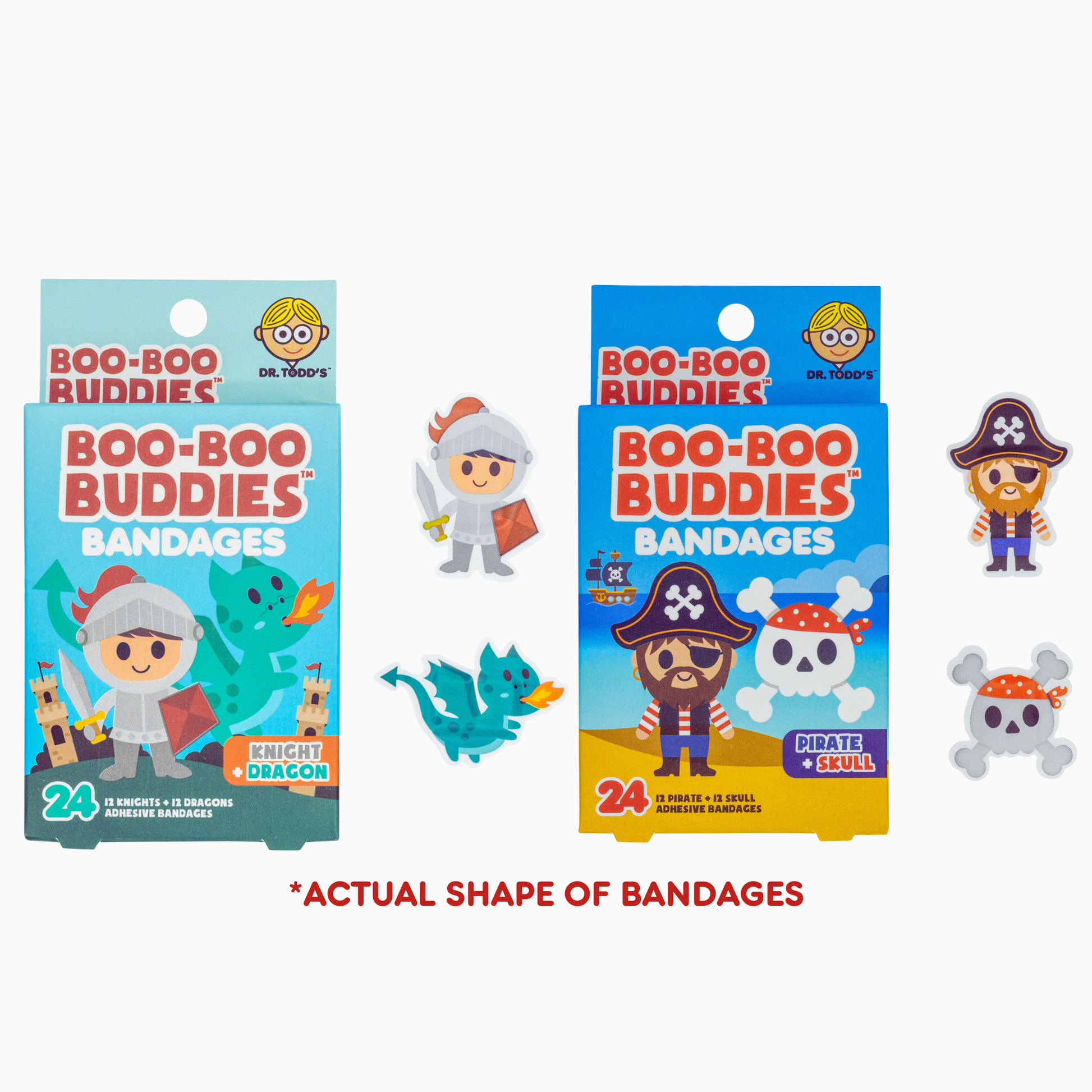 Boo Boo Buddies™ Bandages: Knight + Dragon and Pirate + Skull packs with shaped bandages displayed around.