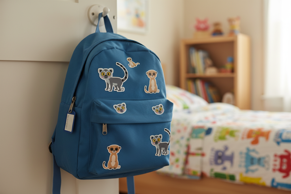 Lemur & Meerkat Stickers on Backpack