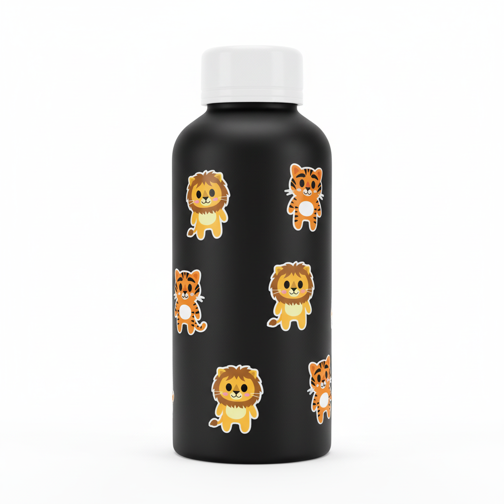 Lion & Tiger Stickers on Black Water Bottle