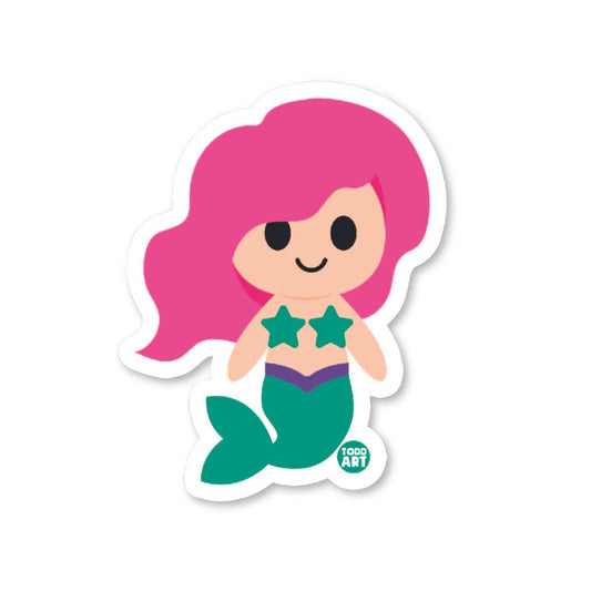 Kawaii-style mermaid sticker with pink hair and seashell top, perfect for kids’ crafts, notebooks, and water bottles