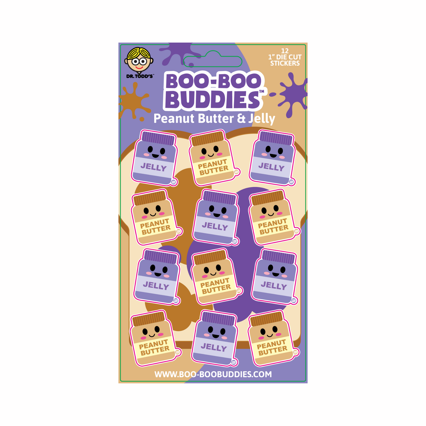 A pack of vinyl stickers with peanut butter and jelly themed characters, including a variety of designs with different colors and poses.