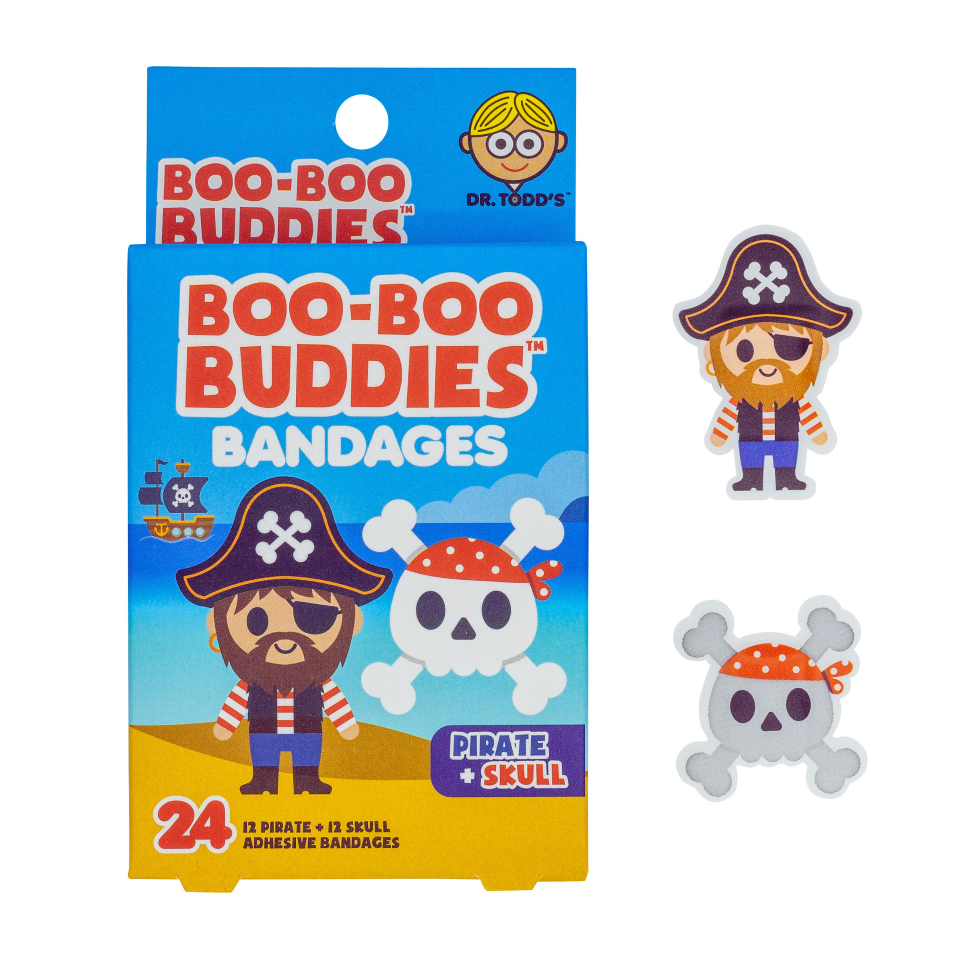 Dr. Todd’s Boo-Boo Buddies® Pirate and Skull Bandages – 24-count adventure-themed bandages for kids

