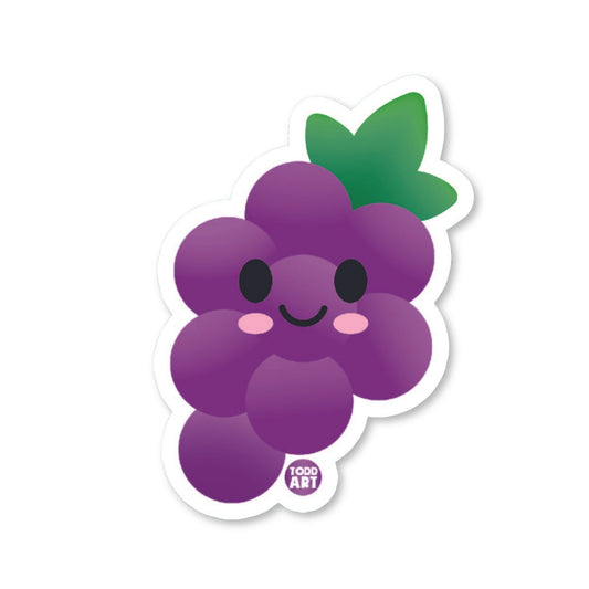 A die-cut vinyl sticker of a cute grape character with a smiling face, designed in shades of purple and green with a white outline.