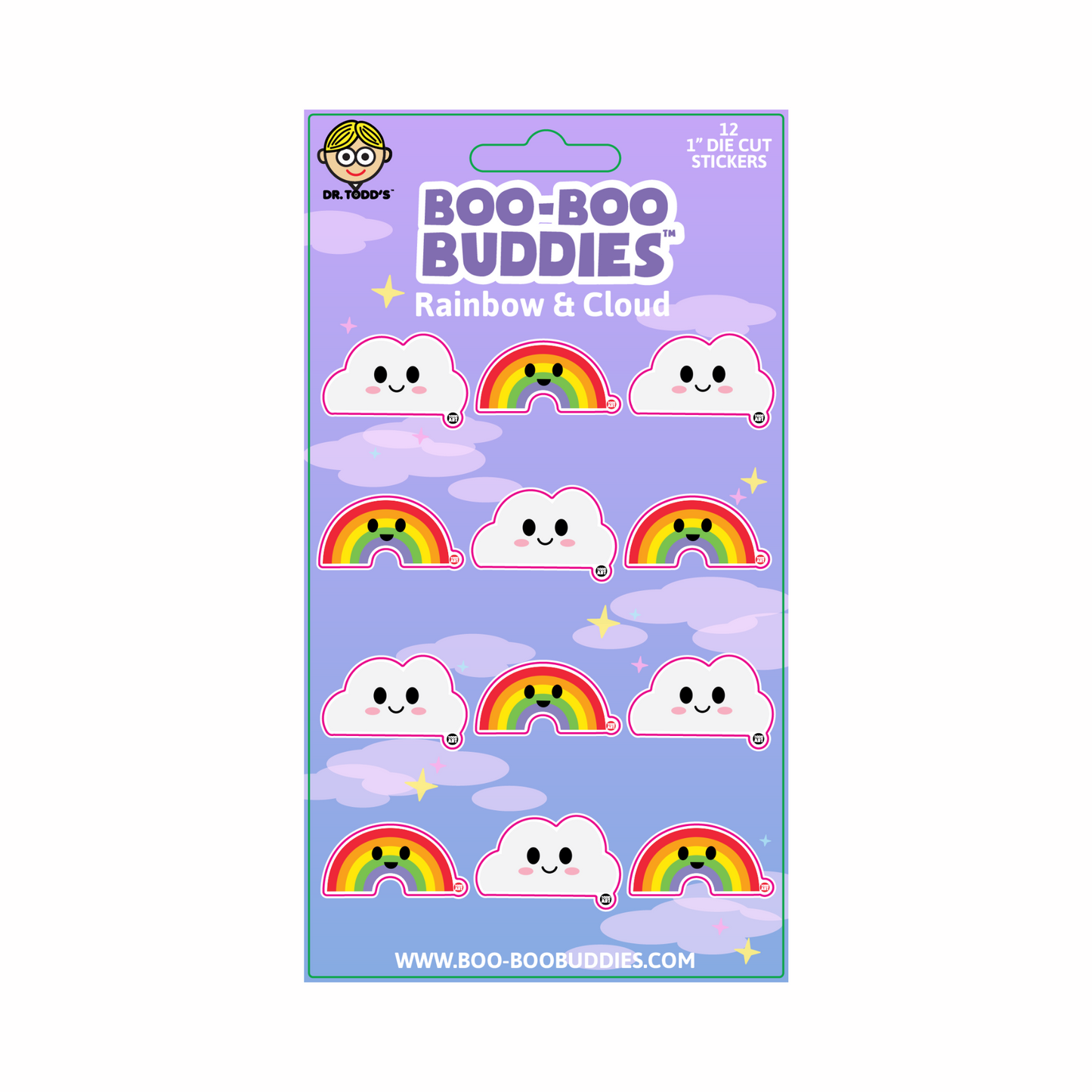A packaged sticker sheet with various rainbow and cloud designs, each with a cute character face on them, labeled 'BOO-BUDDIES'.