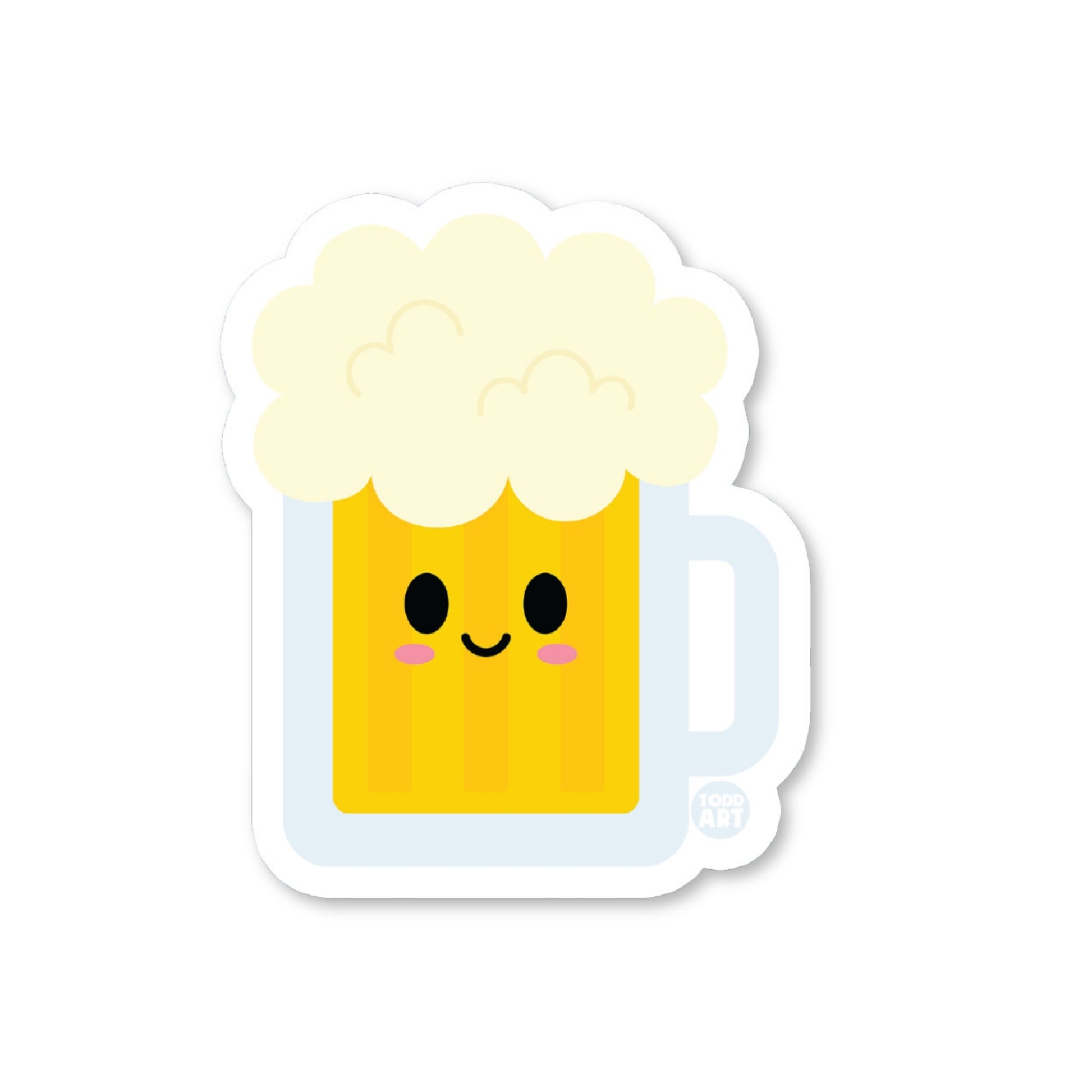 A die-cut vinyl sticker of a cute root beer mug character with a smiling face and a bubble crown.