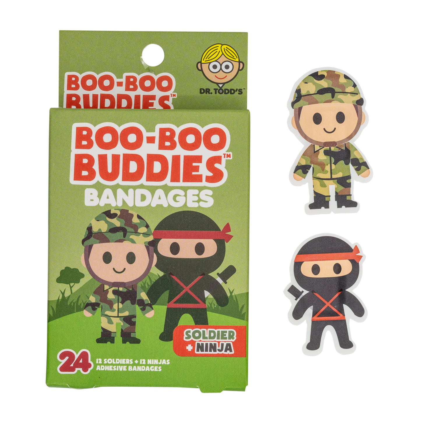 Dr. Todd’s Boo-Boo Buddies® Soldier and Ninja Bandages – 24-Count Action Hero Shaped Bandages for Kids