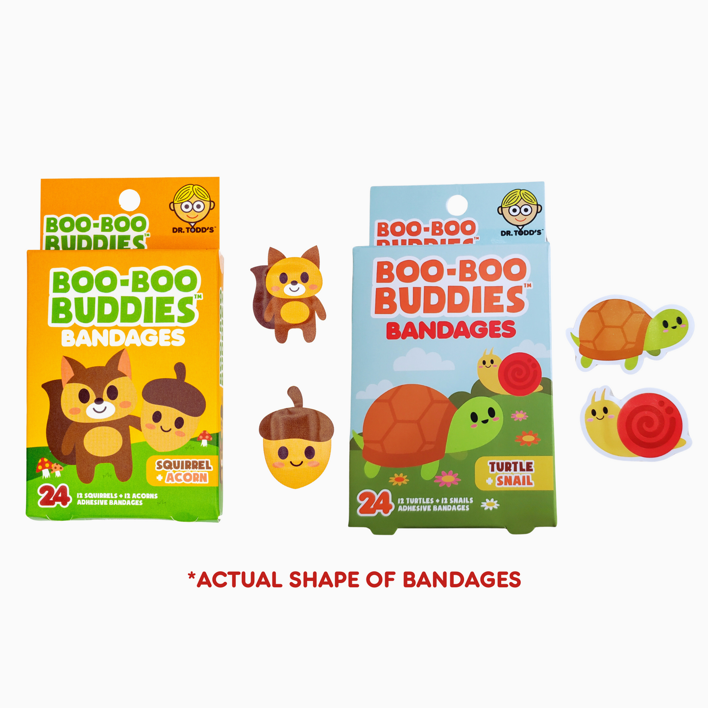 Boo-Boo Buddies Bandages 24-pack featuring Squirrel + Acorn and Turtle + Snail fun-shaped designs, perfect for kids, waterproof, latex-free, and great for sensitive skin.