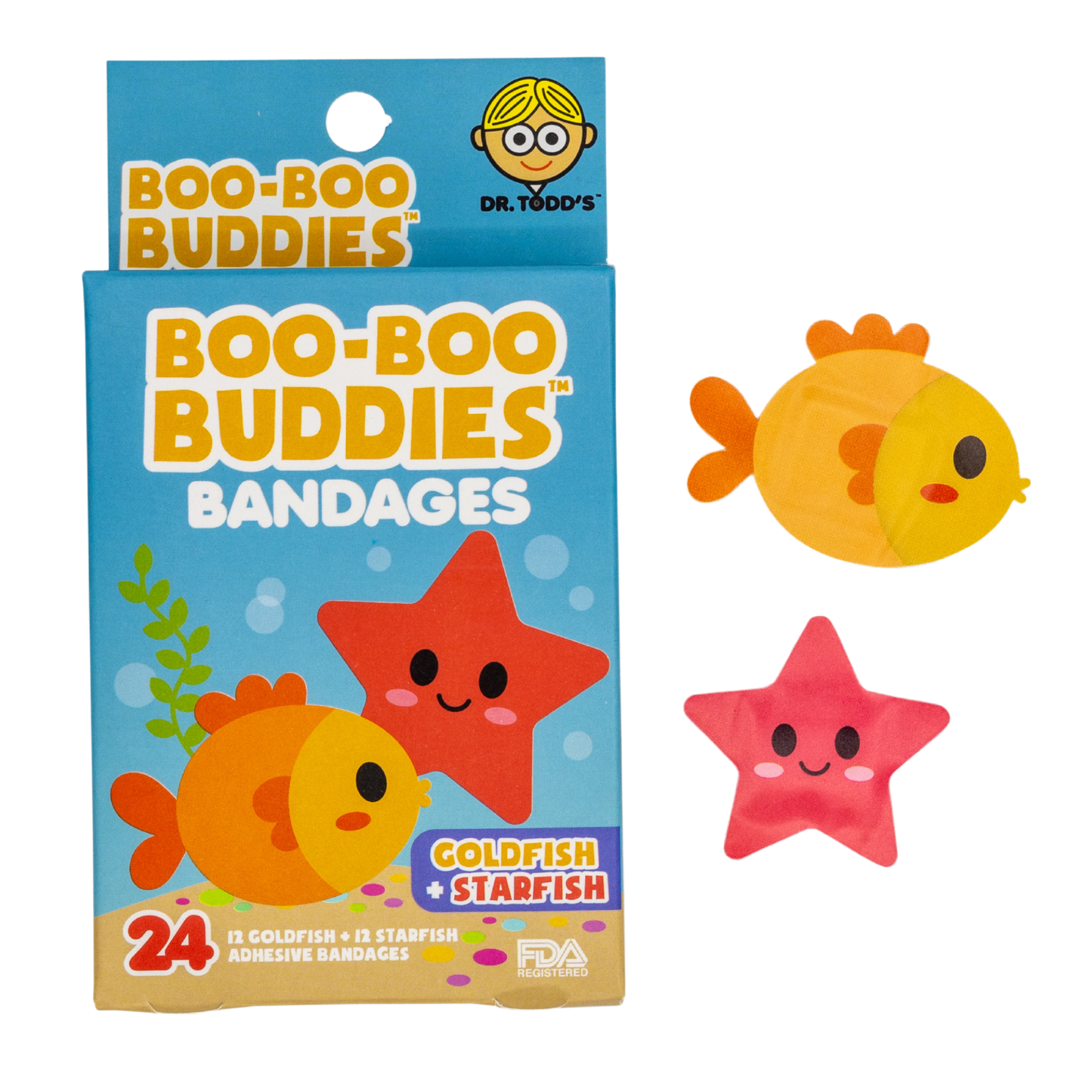 Goldfish & Starfish Bandages for Kids – Waterproof, Latex-Free, 24 Count | Dr. Todd’s Boo-Boo Buddies®