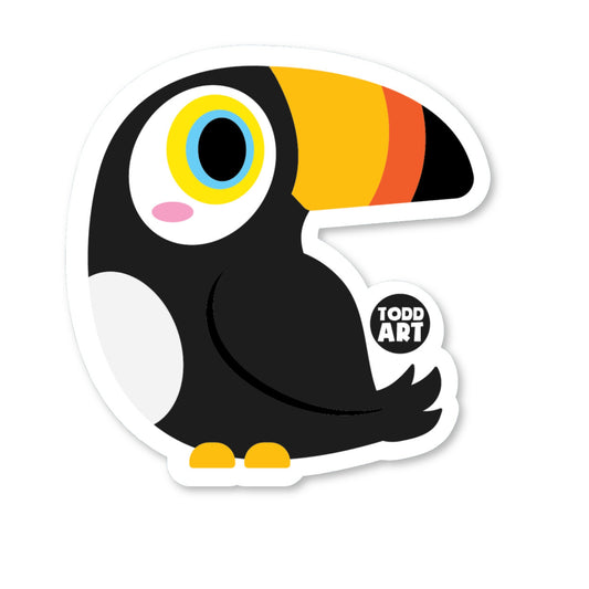 Playful kawaii toucan vinyl sticker by Boo Boo Buddies – waterproof, glossy 3" die‑cut with UV-resistant finish 