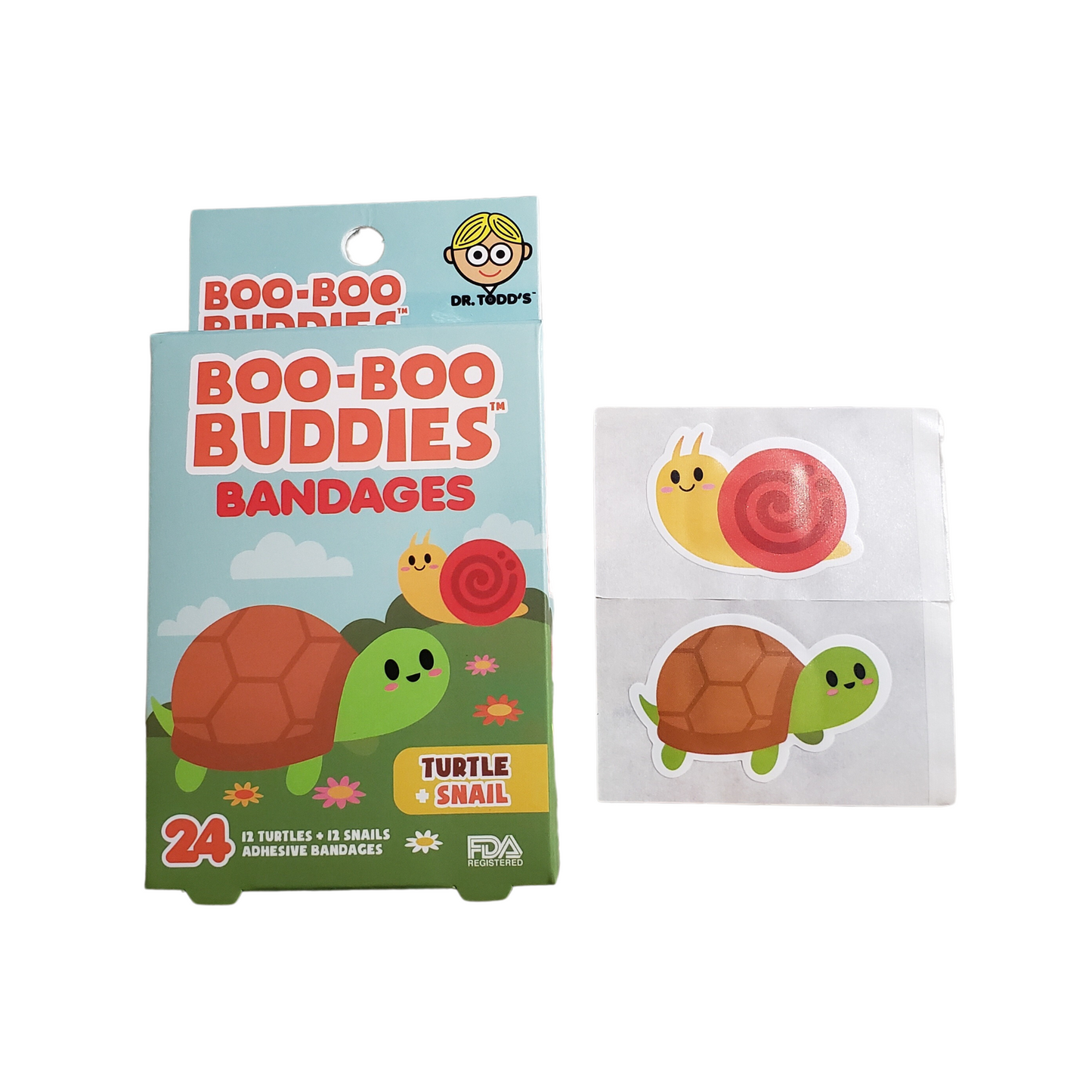 Turtle & Snail Bandages for Kids – Waterproof, Latex-Free, 24 Count | Dr. Todd’s Boo-Boo Buddies®