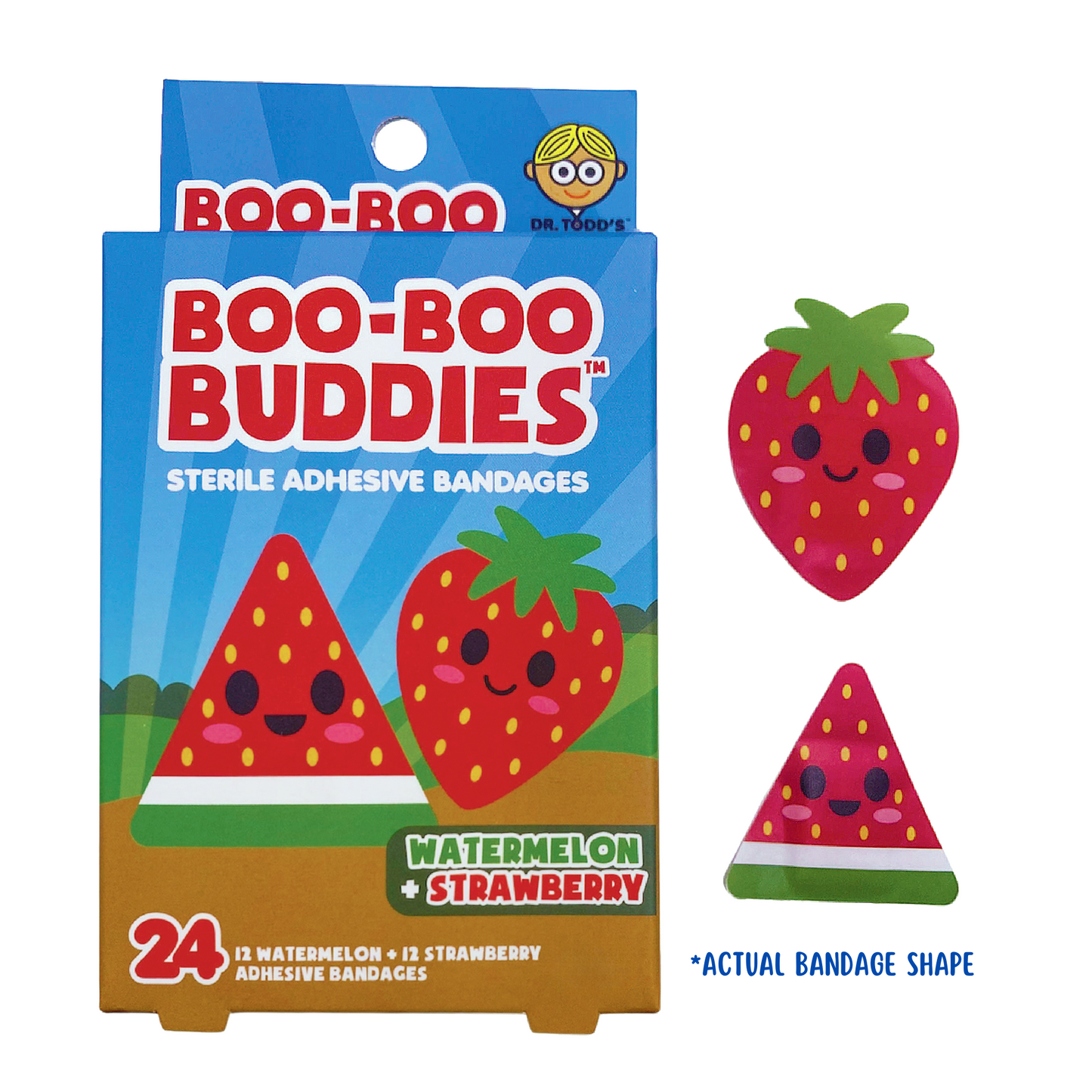2-Pack Boo Boo Buddies™ Fun Shape Bandages – Watermelon + Strawberry & Peanut Butter + Jelly | 24 Ct Each | Waterproof, Latex-Free, Kid-Friendly First Aid