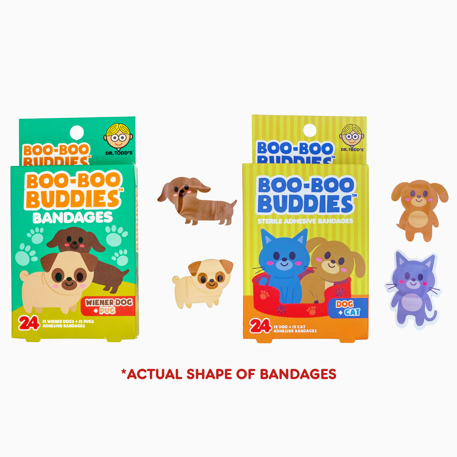 Boo-Boo Buddies Bandages: 24-pack of Wiener Dog + Pug and Dog + Cat shapes. Fun, colorful, and perfect for kids!