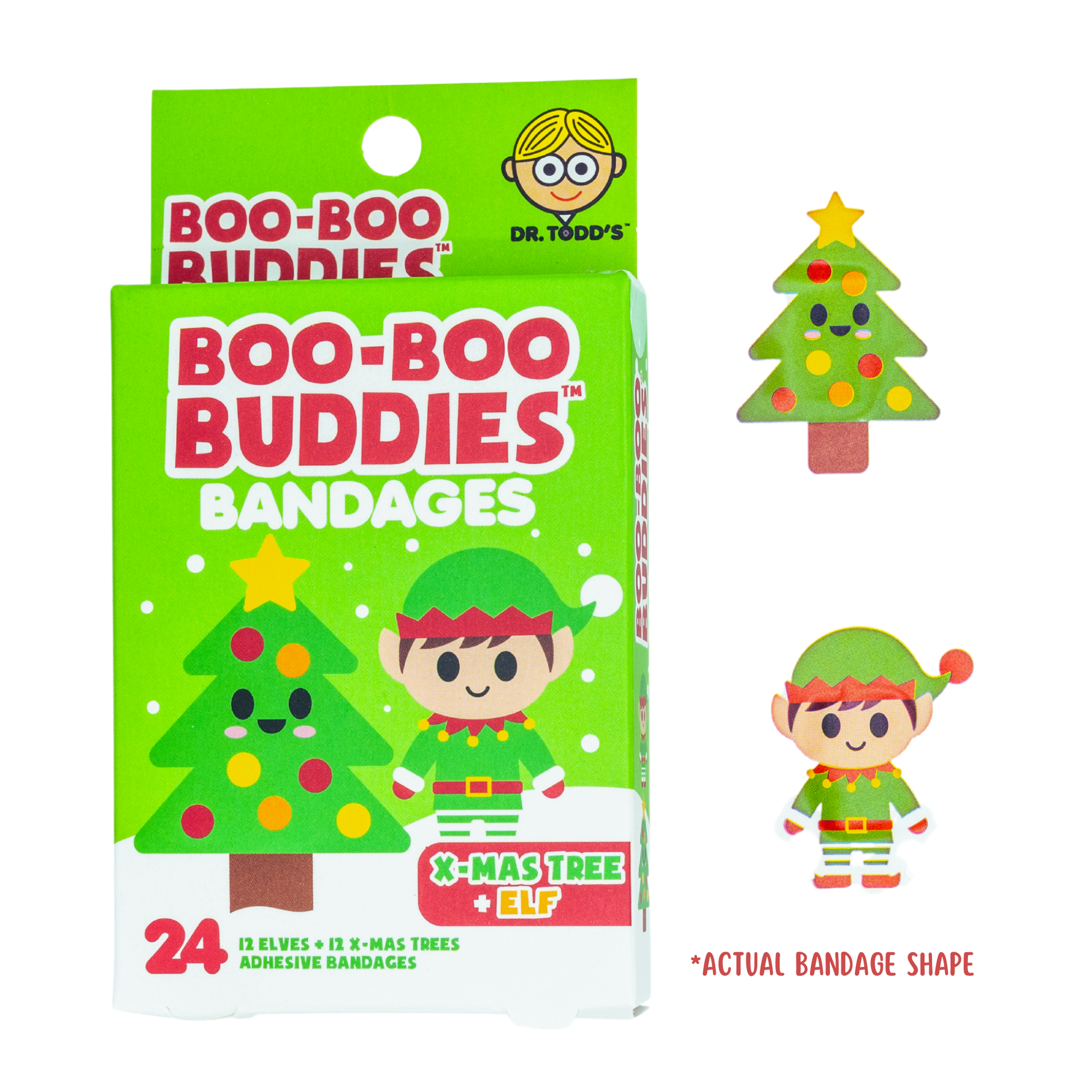 Dr. Todd’s Boo-Boo Buddies® X-Mas Tree and Elf Bandages – 24-count holiday-themed adhesive bandages for kids
